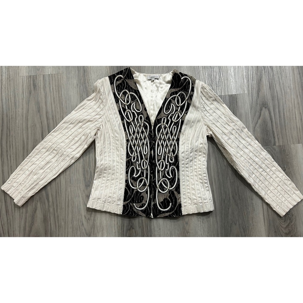 Alexandra Rosati Womens Size 10 Cream Black‎ Lace Pearl Embroidered Zip Jacket